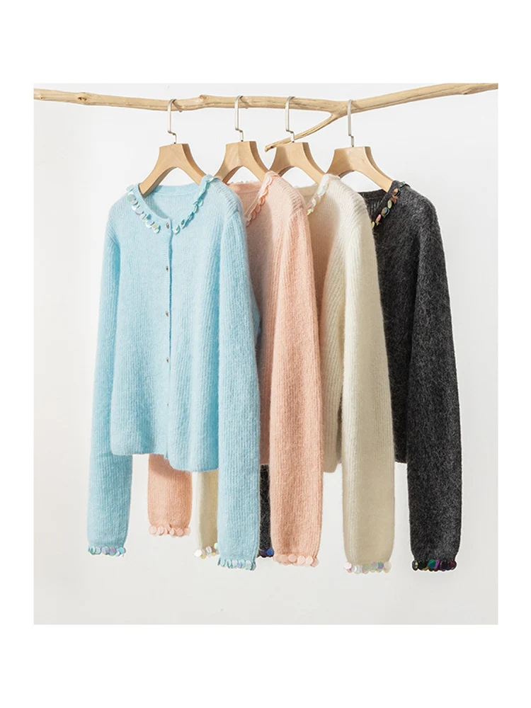 SuyaDream, Mohair Cardigans For Woman, Wool Blend, Beading Round Collar, Solid Sweaters, 2024 Fall Winter Jackets, Blue, Pink