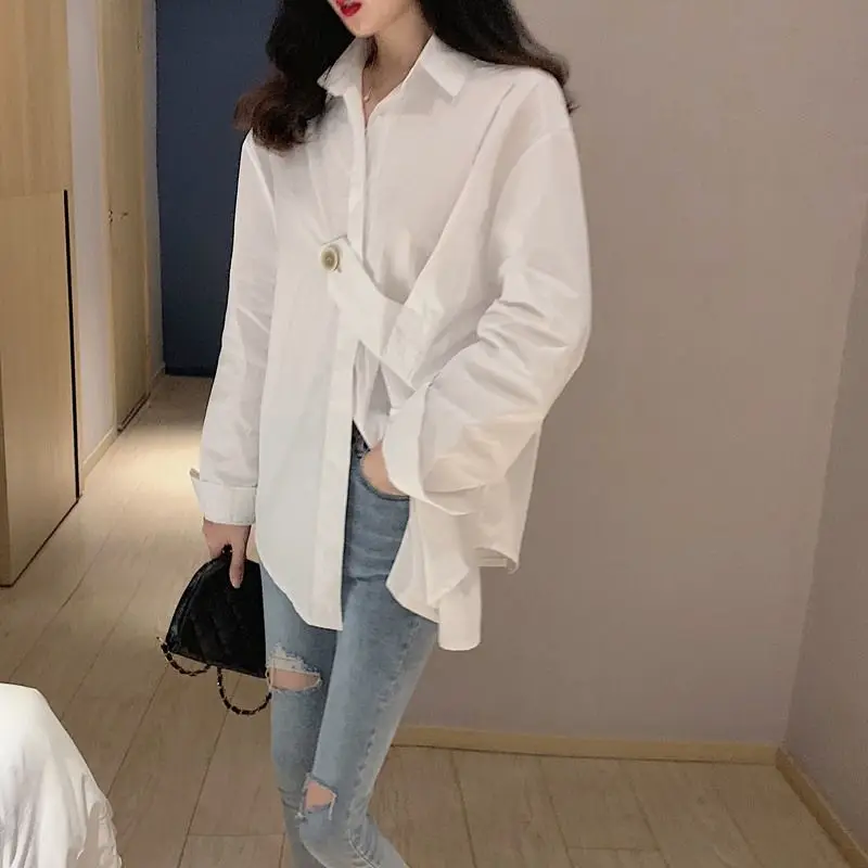 Women Trendy Simple Streetwear Harajuku Y2K Shirts Spring Autumn Casual Irregular Design Oversize Blouses Solid Long Sleeve Tops