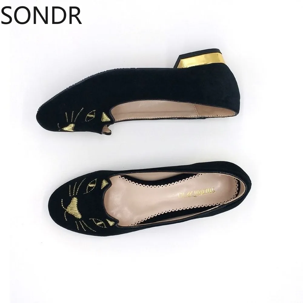 Womens Round Toe Velvet Leather Embroidery Cat Loafer Espadrille Slip On Low Heel Shoes Casual Plus Size 2Colors