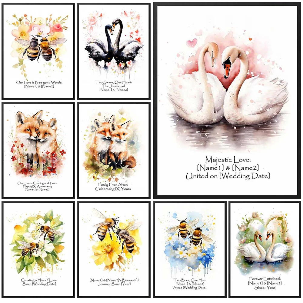 

Cartoon Animals Swans Fox Bee Love Prints Poster Wall Art Canvas Painting Home Decor Wall Pictures For Living Room Unframed