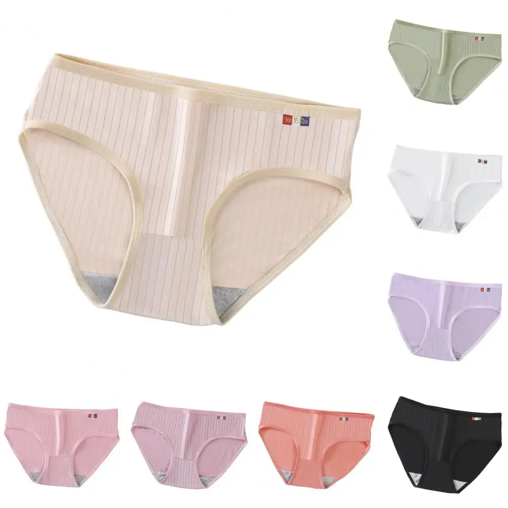 Mid-rise Elastic Waistband Cotton Crotch Women Briefs Soft Solid Color Ribbed Panties Underwear Intimates Waffle Lingerie Lady