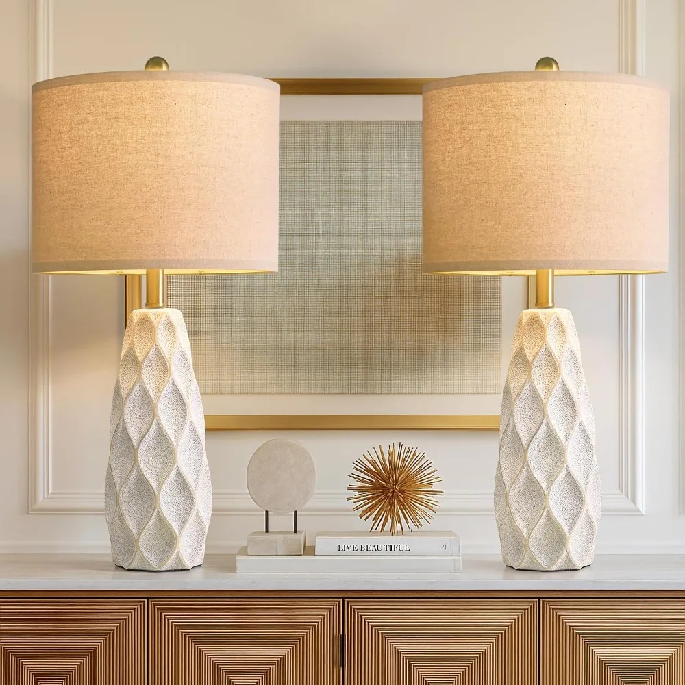Set of 2 Modern Ceramic Table Lamps, 27.5" White Bedside Lamps for Living Room, Bedroom, Nightstand, Farmhouse Vintage Decor, Reading Light view 3