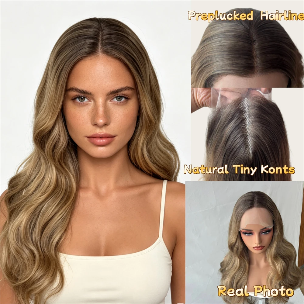 24'' Ombre Honey Blonde with Brown Streaks Synthetic HD Lace Front Wig with Roots Party Daily Cosplay Heat Resistant Fiber Wig