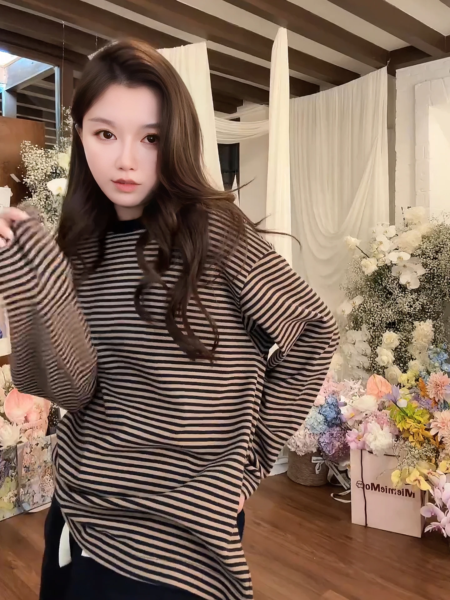 COCOZONE Women's Loose Long Sleeve T-shirt round Neck Striped Color Block Cotton 100% Spring Casual Style Comfortable Fit