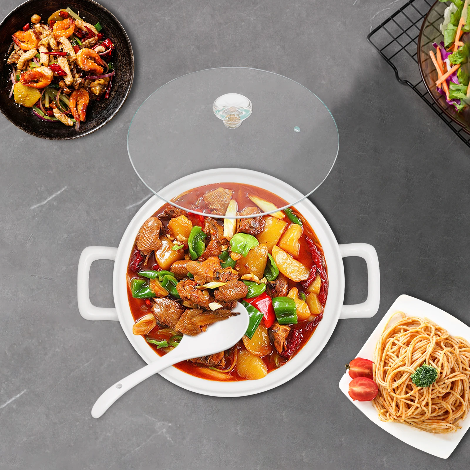 شوربة تورين سيراميك أنيقة مع غطاء زجاجي ومغرفة - تصميم بورسلين متين