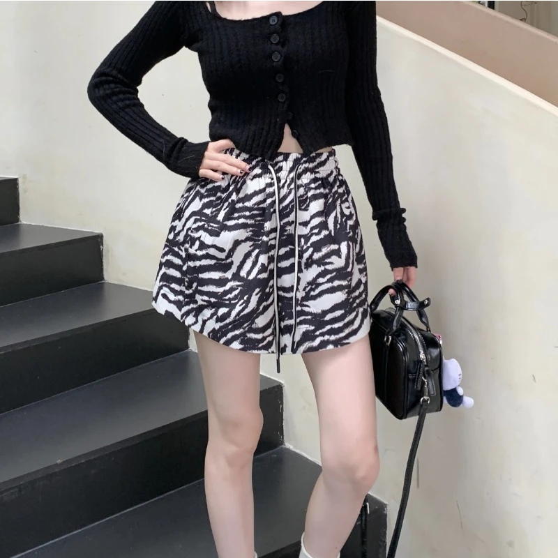 

High Waist Loose Wide Leg Casual Shorts Women Drawstring Zebra Striped Print Shorts Office Lady Versatile Fashion Shorts Female