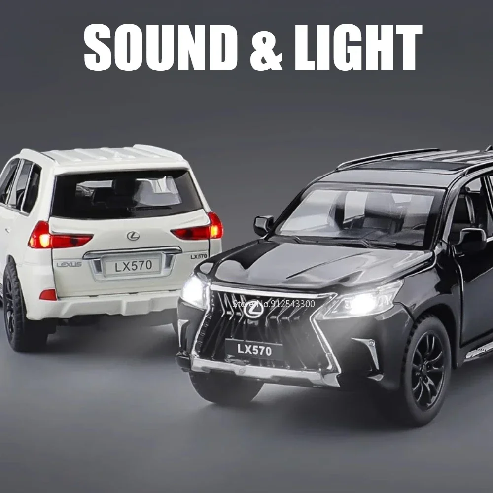 1:32 Lexus LX570 Modello di auto Giocattolo Pressofuso in lega Porte aperte Suono Luce Tirare indietro SUV Veicoli fuoristrada Regali di Natale per i bambini