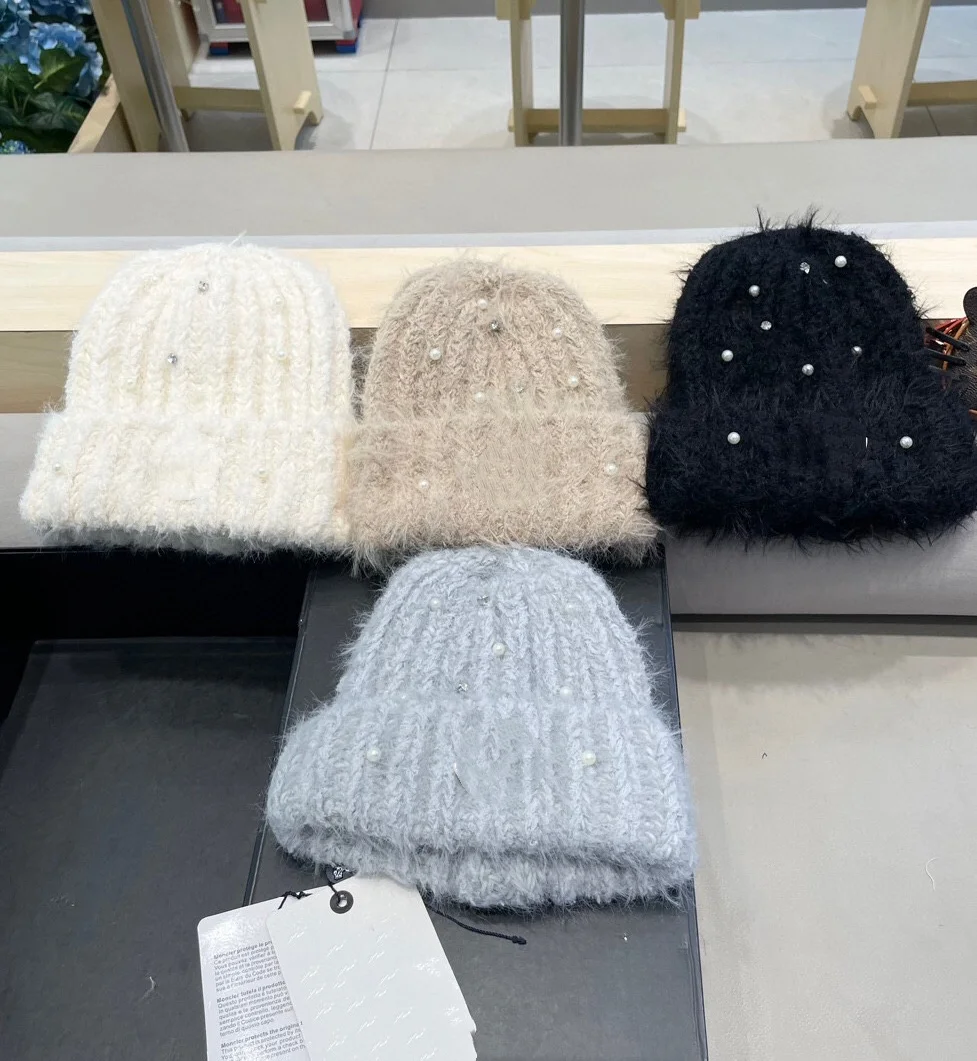 

Sweet Winter Knitted Hat Versatile Large Head Circumference Wool Comfortable Pearl Decorated Earmuffs Essential Outdoor Nice