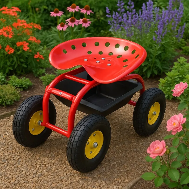 Four-Wheel Rolling Garden Cart Stool with Ergonomic 360 Swivel Seat Height Adjustable Heavy-Duty 150 kg OEM