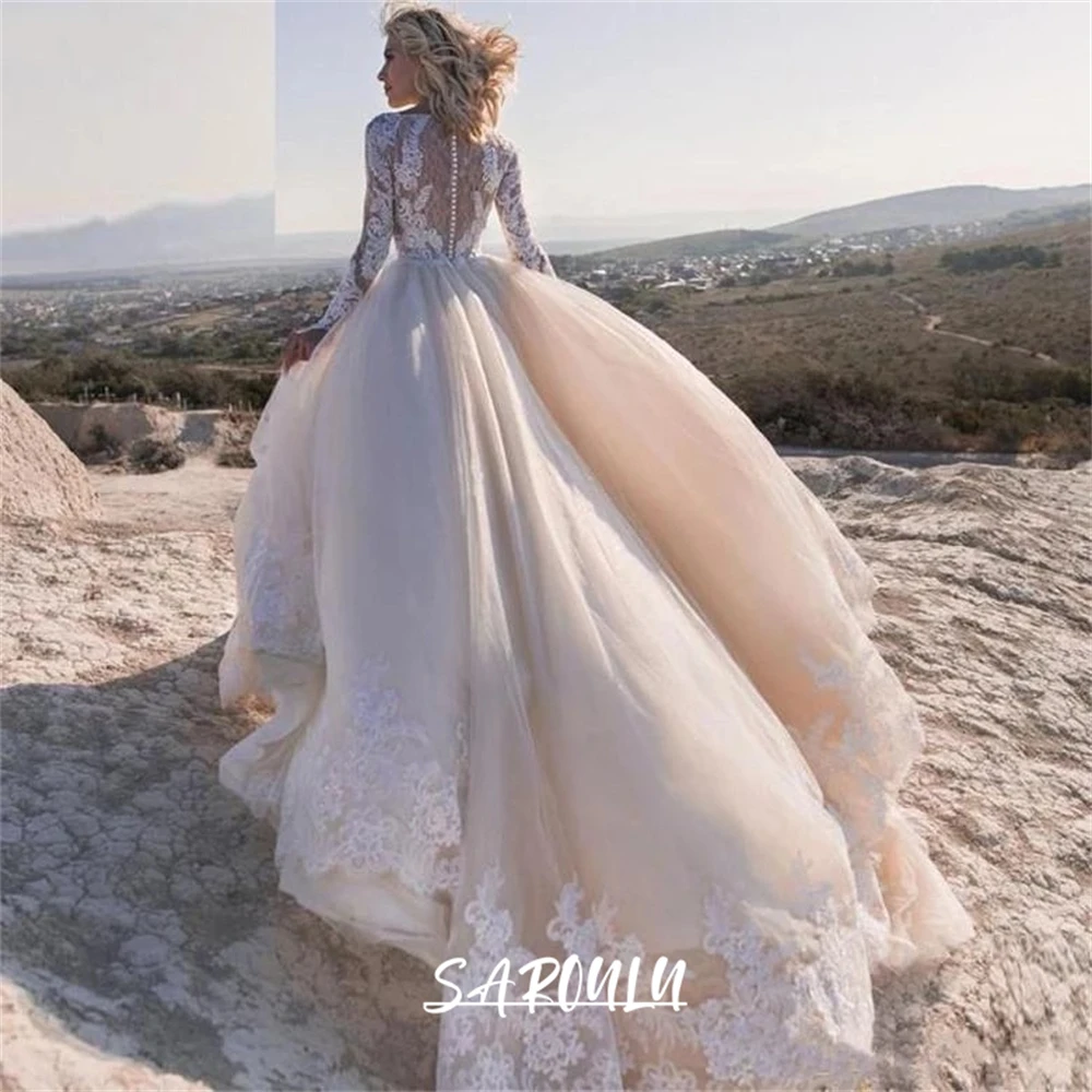 A Line Bohemian Wedding Dress for Women 2024 Full Illusion Sleeves Lace Boho Bride Dresses Scoop Neckline Champagne lining