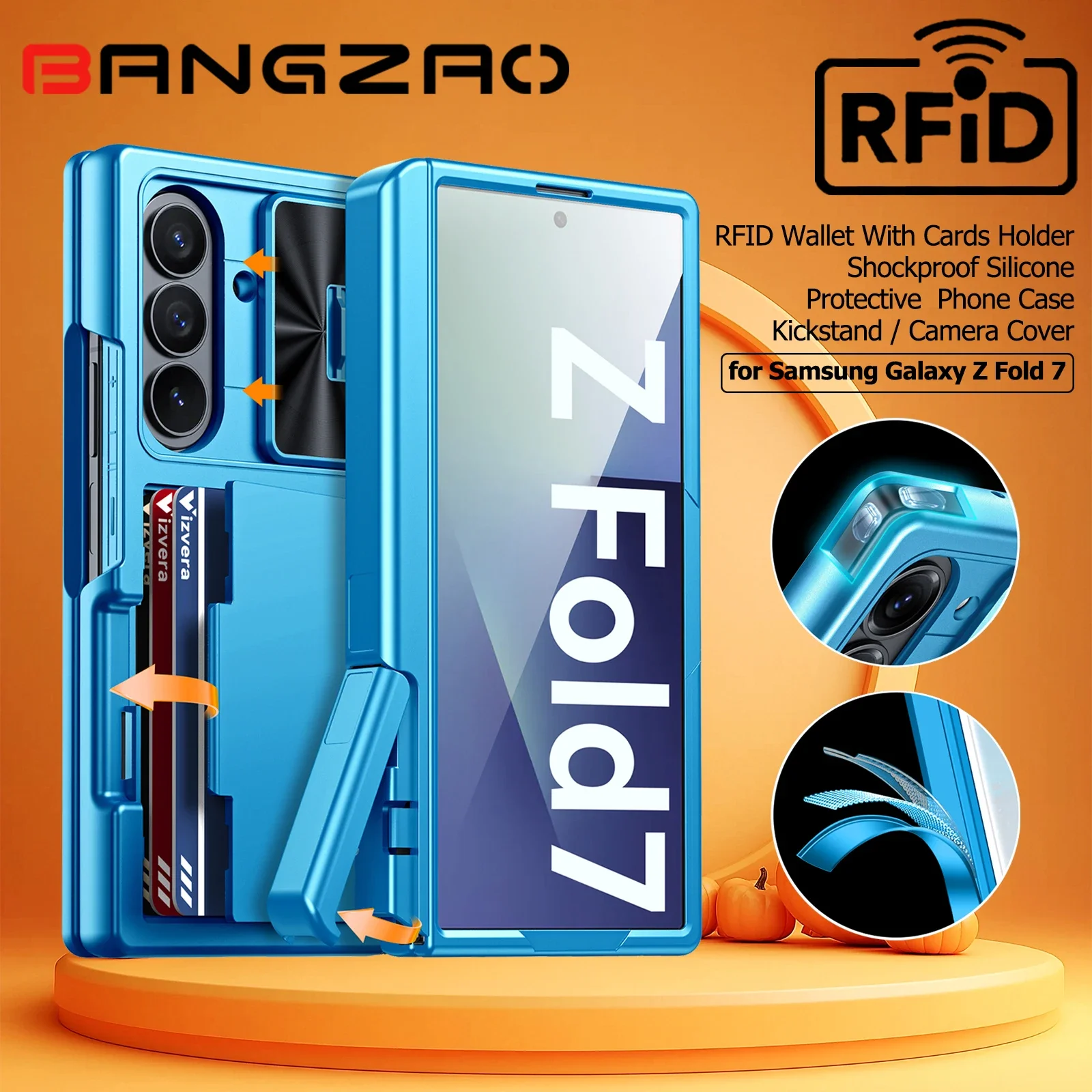 

Подарки на Хэллоуин для Galaxy Z Fold 7, RFID-кошелек с держателем для карт [подставка][крышка камеры] Противоударный силиконовый чехол-голубой