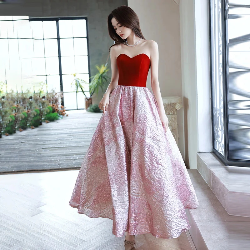 

New Arrival Burgundy Elegant Sleeveless Pleat Floor-Length A-Line Lace Up Strapless Simple Formal Dress Dress Woman Party A2832