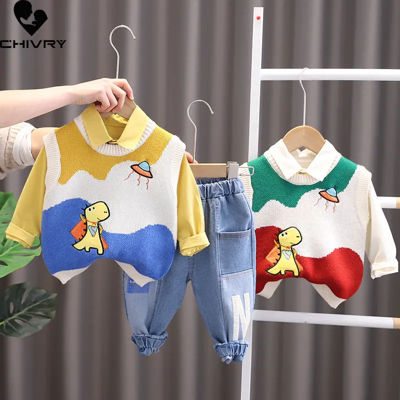 ثلاث قطع الفتيان الملابس مجموعات جديد 2023 الاطفال الطفل الربيع الكرتون ديناصور متماسكة سترة الصلبة القمصان مع الدنيم السراويل ملابس غير رسمية