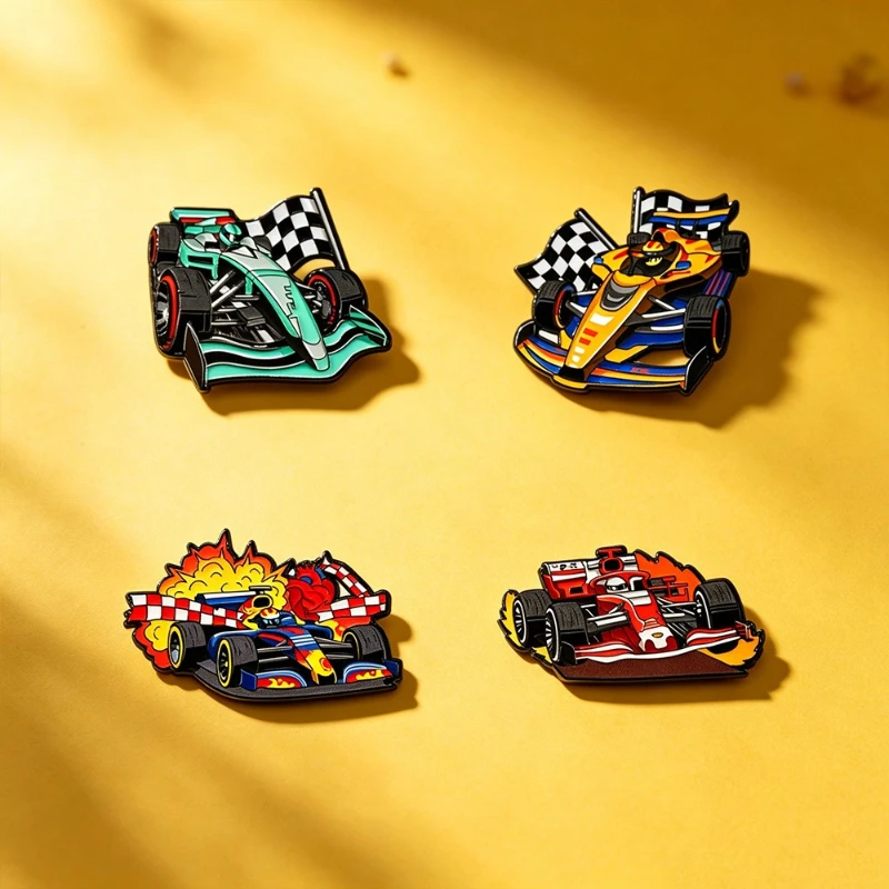 Unisex Formula Racing Pin Badge Cartoon Checkered Flag Racing Car Metal Brooch DIY Accessories for Clothes Bags Hat T-shirt Car