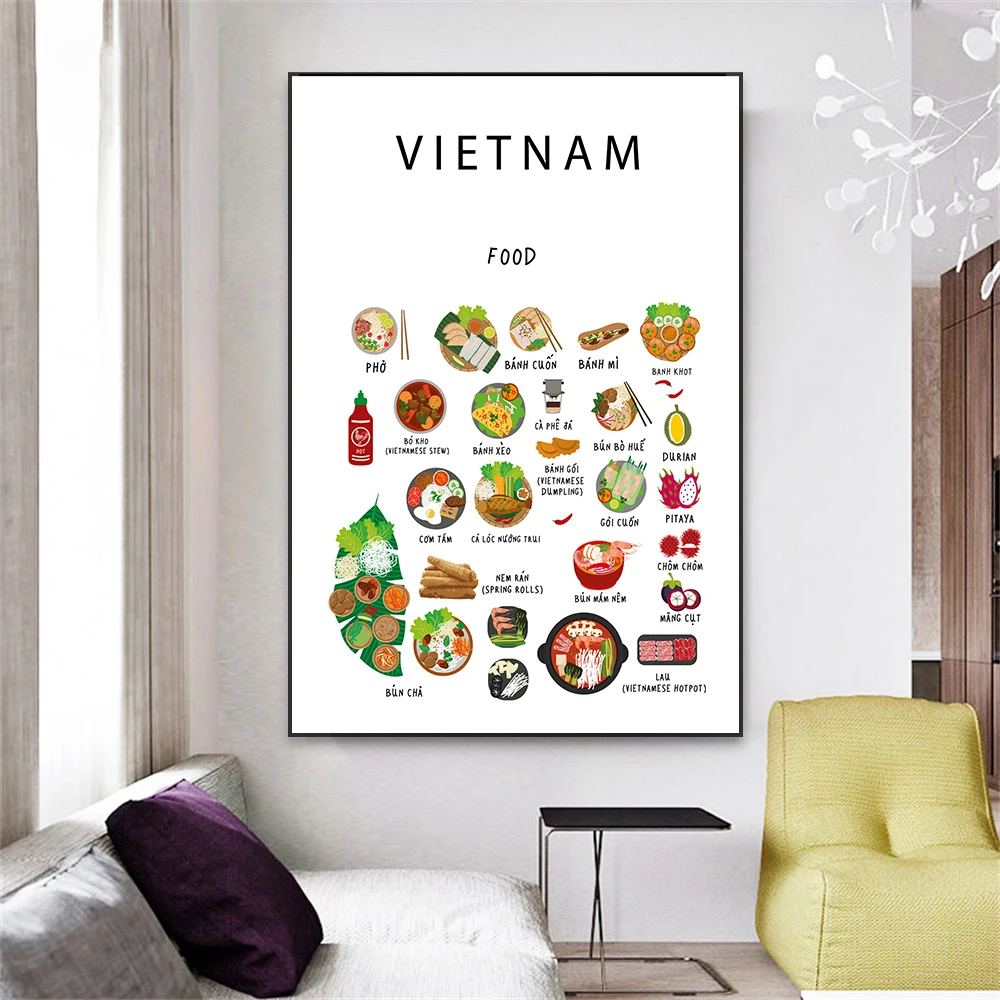 Vietnamese Food Poster White Cartoon Food Wall Art Prints Modern Home Kitchen Decor Retro Dinning Room Canvas Painting Decor