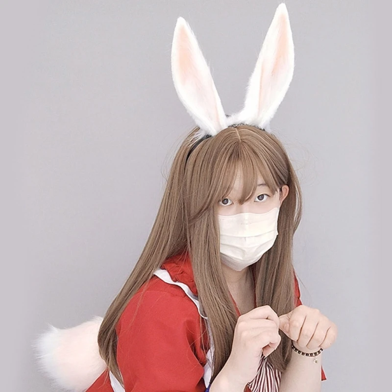 Girls Anime Hairhoop Plush Rabbit-Ear Headband/Tail Cosplay Lovely Headdress Women Comic-Show Headwear