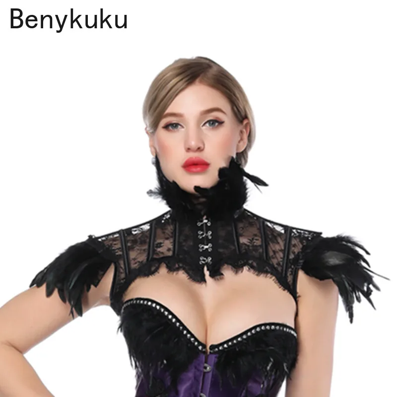 Vintage Punk Gothic Shrug Tops Feather Collar Shoulder Lace Cape Bolero Women Retro Jacket Halloween Party Goth Rave Costumes