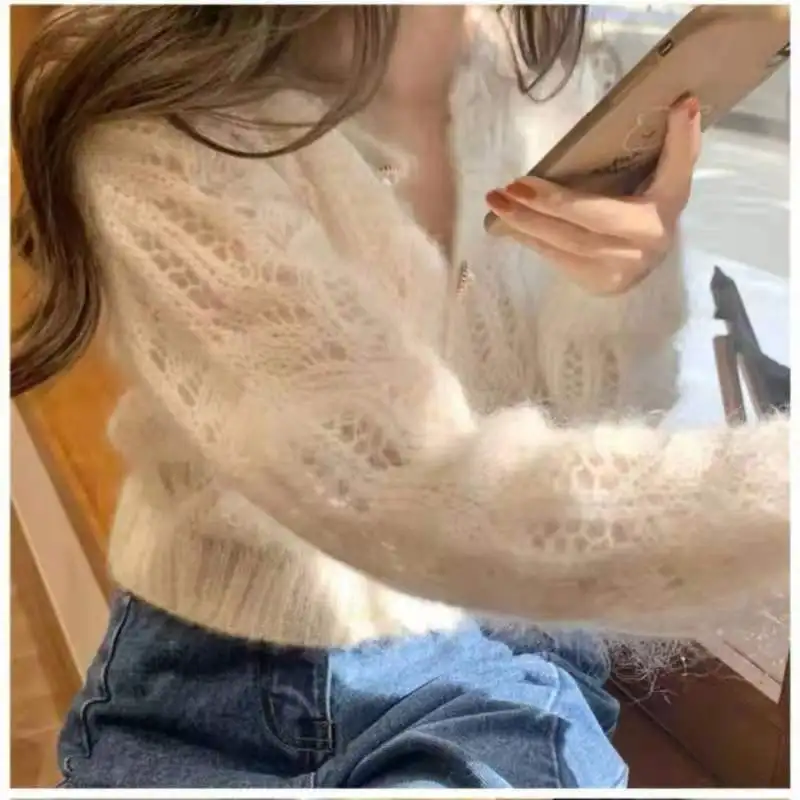 Autumn Vintage Elegant Female Cardigan Winter Long Sleeve Women Knitted Cardigan Sweaters Fashion Hollow Out Elegant Tops 16179