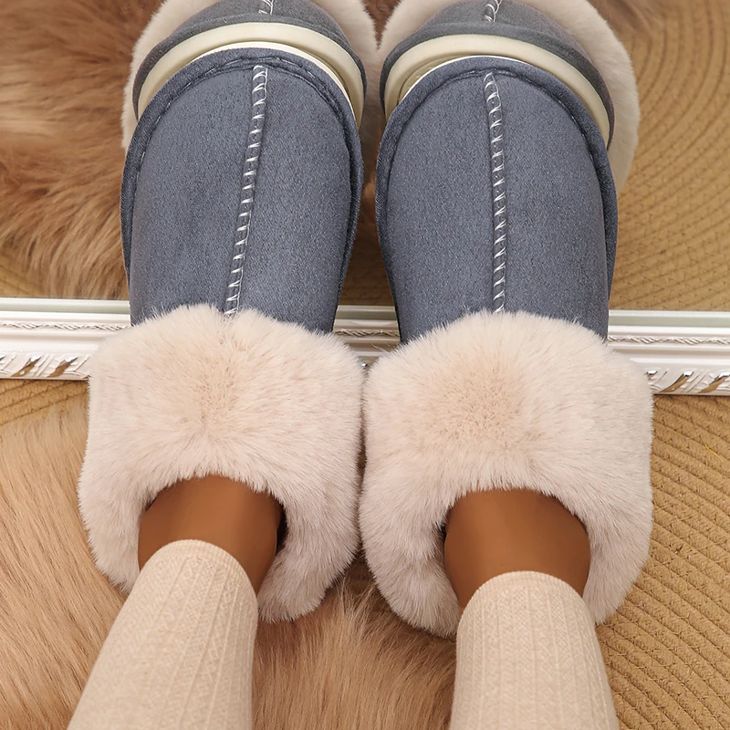 Rimocy Fur Slippers for Women Winter Closed Toe Plush Bedroom Slippers Woman Indoor Non-slop Warm Couple Cotton Shoes Slides