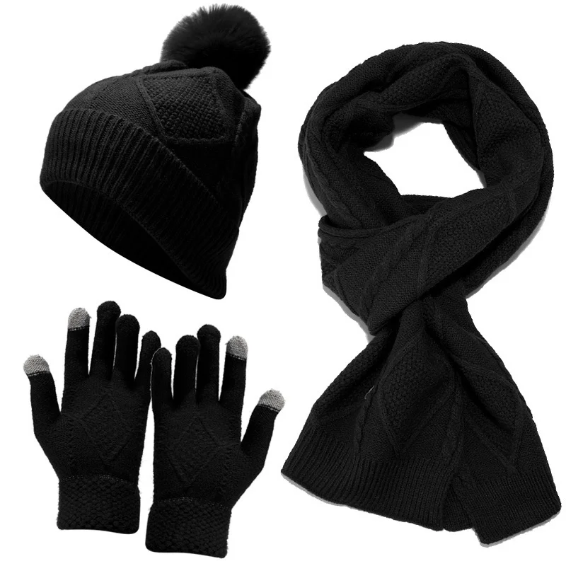 Women Knitted Beanies Cold Hat 3pcs Warm Winter Hat For Women Scarves Cap Scarf Gloves Hats Three Sets