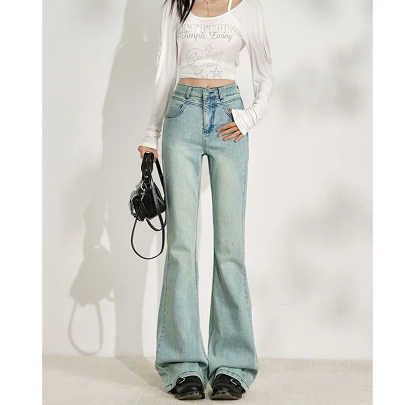 

Girls High Waist Thin Light Blue Flared Jeans Hot Sale Lady Slim Fit Denim Pants Women Korean Fashion Straight Leg Trousers