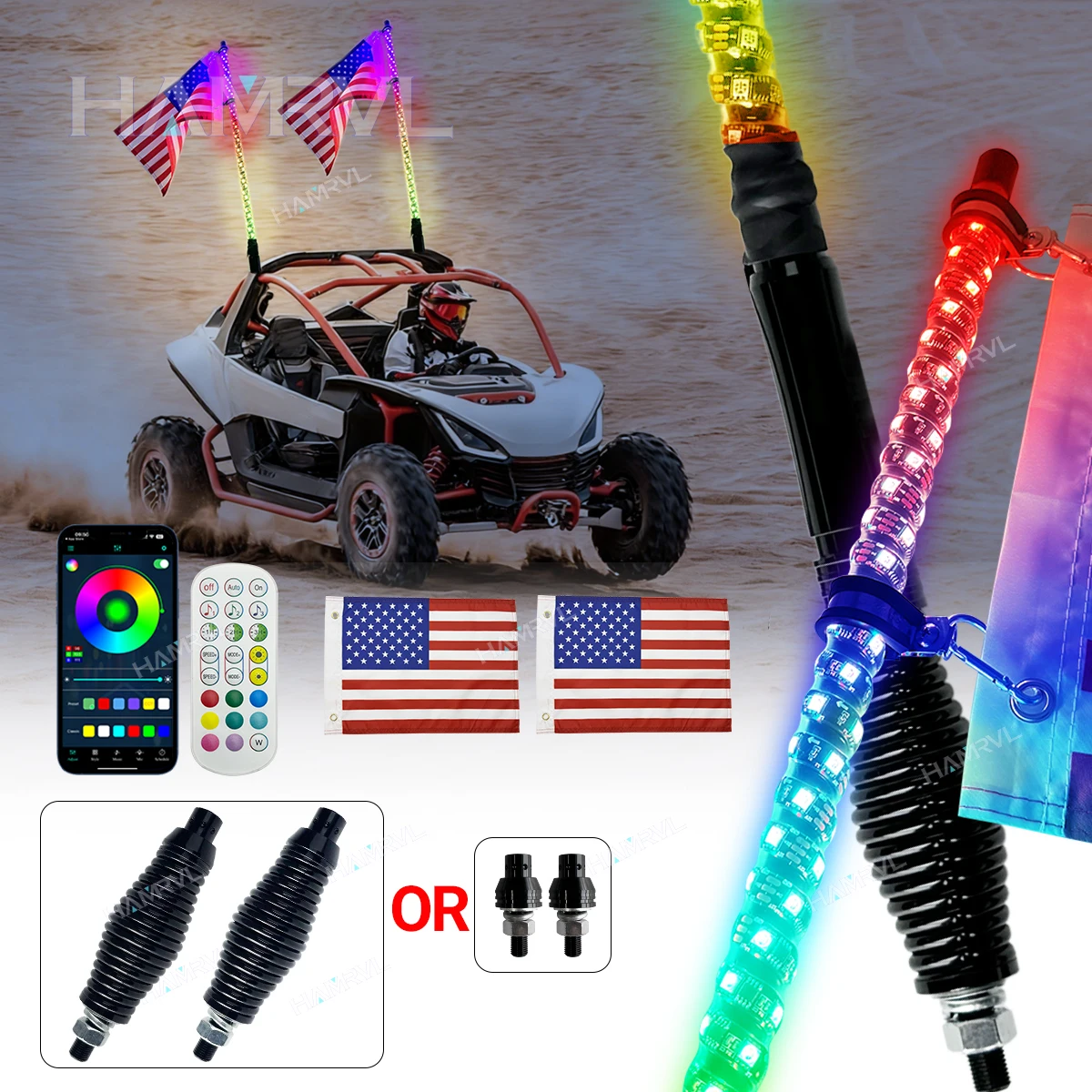 2/3/4FT LED Whip Lights RGB with Spring Flagpole Chasing Sound Music Sync Decor Lamp for Sand Rail/Buggies, ATV/UTV,RZR,Trucks
