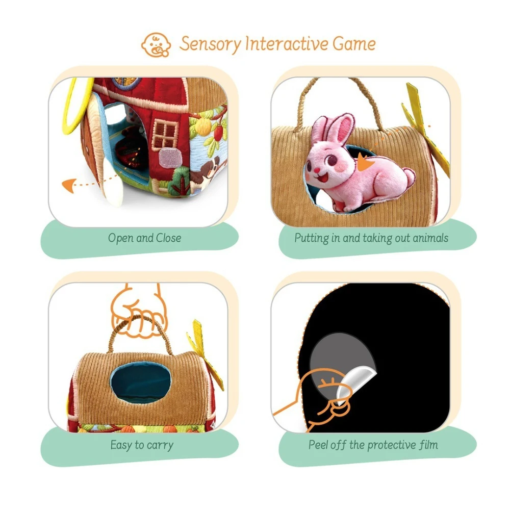 Set di 7 Giocattoli Educativi a Forma di Fattoria, Bambole in Peluche con Contenitore, Gioco Sensoriale per lo Sviluppo della Motricità Fine, Regalo per l'Apprendimento Precoce dei Bambini