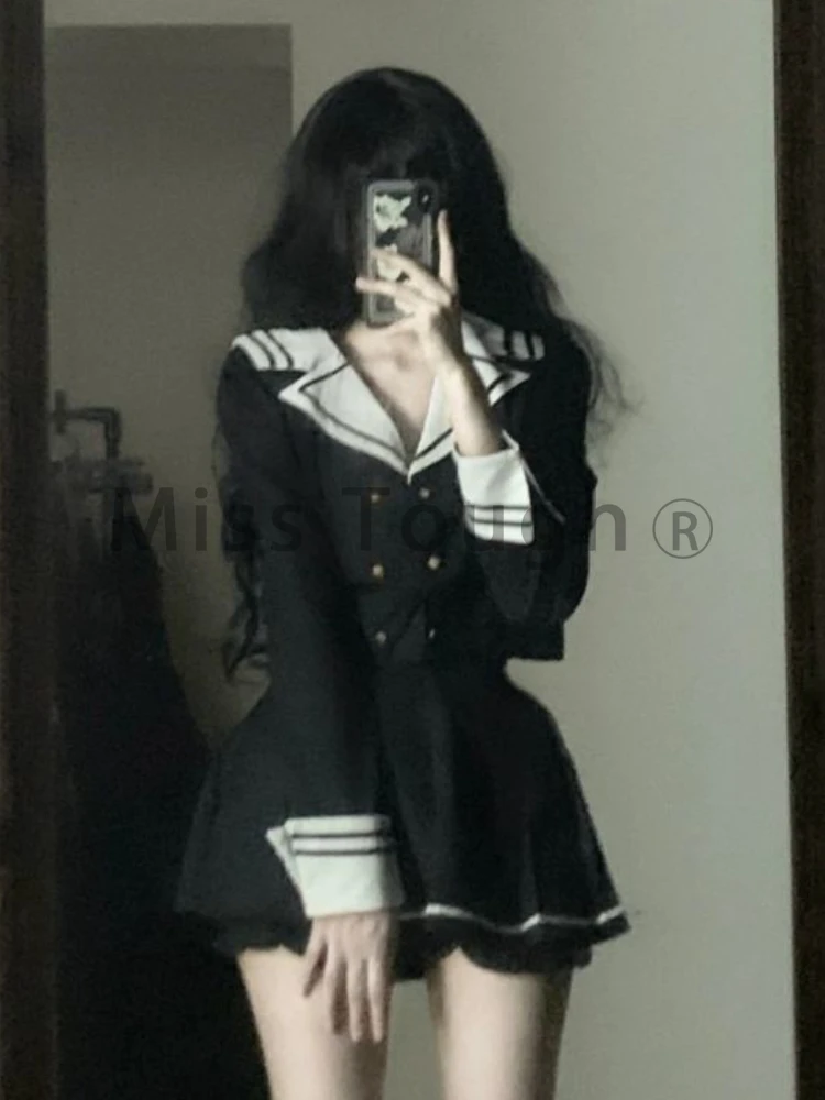 Preppy Style Kawaii Two Piece Set Women Sailor Collar Design Sweet Skirts Suit Female Elegant Tops + Mini Skirt 2023 Winter New