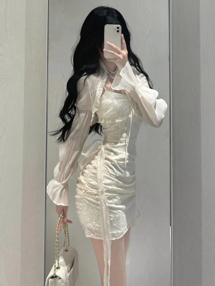 2024 Y2k Aesthetic Solid Ruffled Women Dress Vintage Grunge Slim Harajuku Sweet Drawstring Dresses Streetwear Vestidos De Mujer