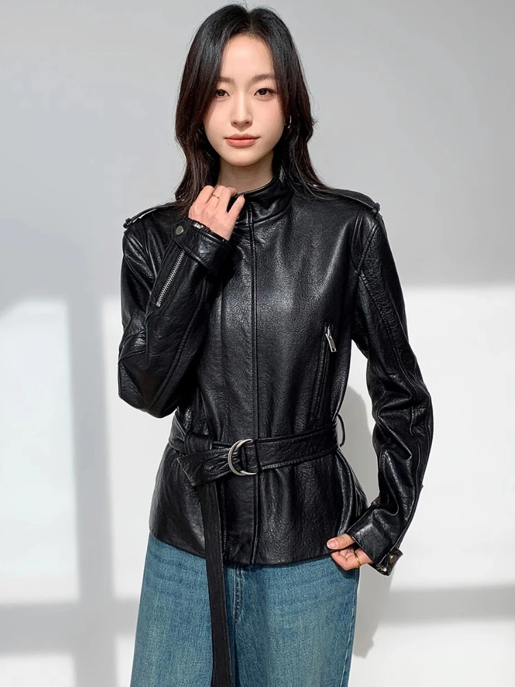 Black Short Genuine Leather Motorcycle Jackets for Women Spring Autumn High-end Simple Bubble Real Sheepskin Coat with Belt