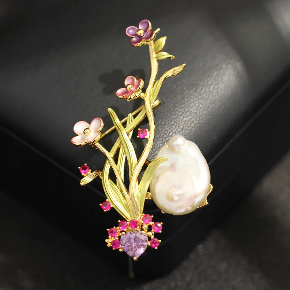 Heavy Industry French Design Enamel Bouquet Vine Brooch Vintage Natural Baroque Pearl Clothing Accessories Pin Female Broche