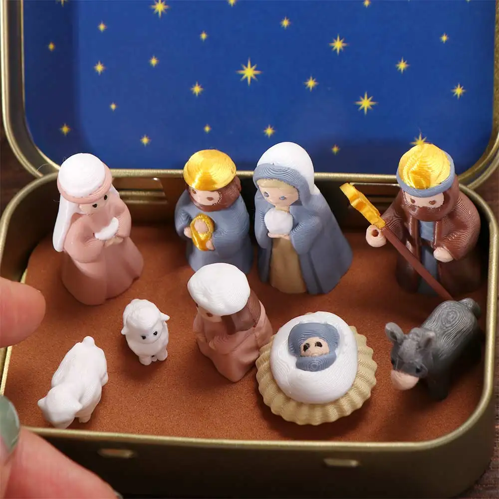 Metal Tin Box Mini Christmas Trough Set Hand Painted 3D Printed Xmas Manger Ornaments Shepherd Animal Holy Family