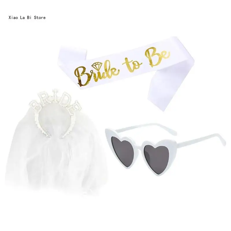 3PCS/Set Wedding Party Bride Pearl Headband with Heart Sunglasses&Sash Bride Pearl Heart Headband Photography Tools XXFD