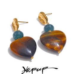 Yhpup High Quality Agate Tiger Natural Stone Heart Drop Earrings for Women Anti Allergy Stainless Steel Handmade Jewelry Gift