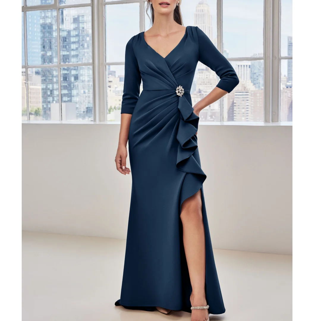 

Soft Mother of the Bride Dresses V-neck Three Quarter Ruffles Pleat Mermaid Elegant Party Gown With Crystals Wedding Guest Dress