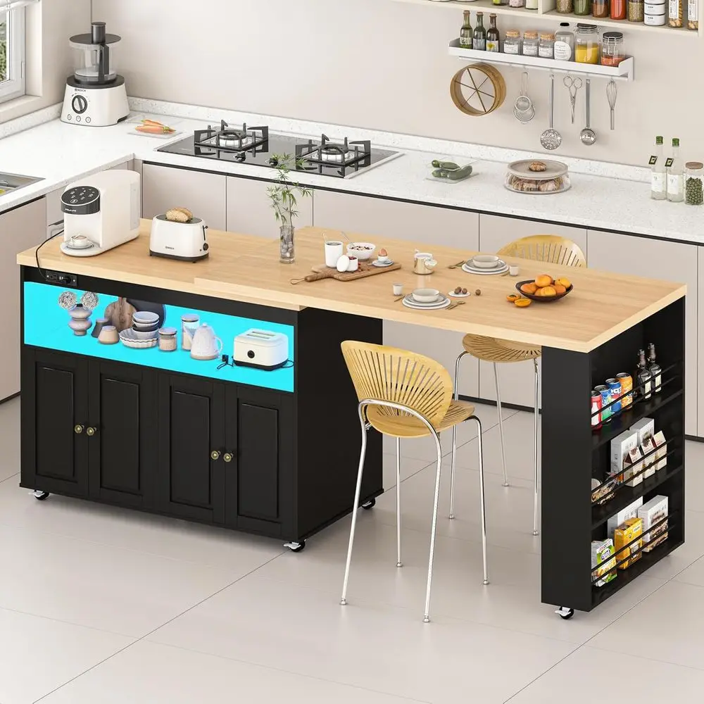 

Rolling Kitchen Island with Swivel Table, Islands Cart with LED Lights, Power Outlet, Movable Storage Cabinet with Side Tabletop