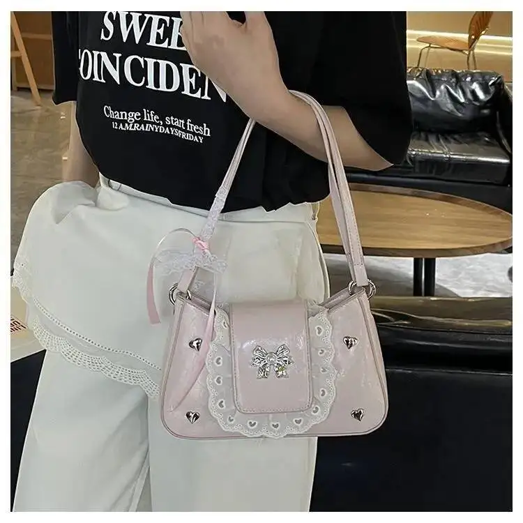 Bloom Hot Girls Lace Bow Black Shoulder Women Haruku Sweet Cute Leather Crossbody Bags Ladies Ballet Style Y2k Handbag
