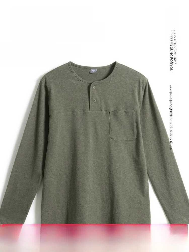 

Men's Pure Cotton Long Sve T-irt Loose Fit Henry Collar Autumn Wear for Middle-Aged And ly Breathable Casual Faion