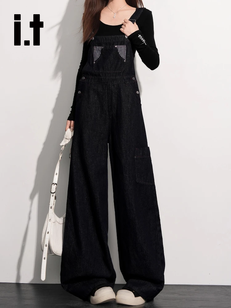 

Джинсовый комбинезон ItCHOCOOLATE синий, женский, универсальный, омолаживающий, винтажный, с широкими штанинами, с высокой талией, прямой крой, на пуговицах