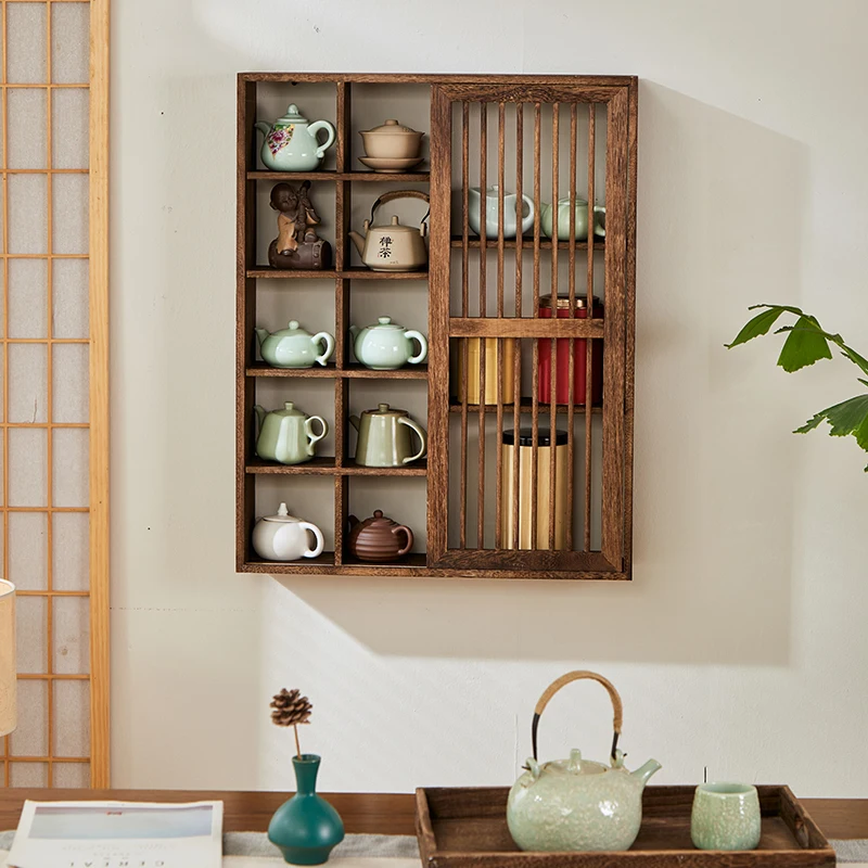 Massief Houten Chinese Stijl Wandmontage Theeservies Display Plank Meerlaagse Organizer voor Theepot & Servies Raster Opbergrek