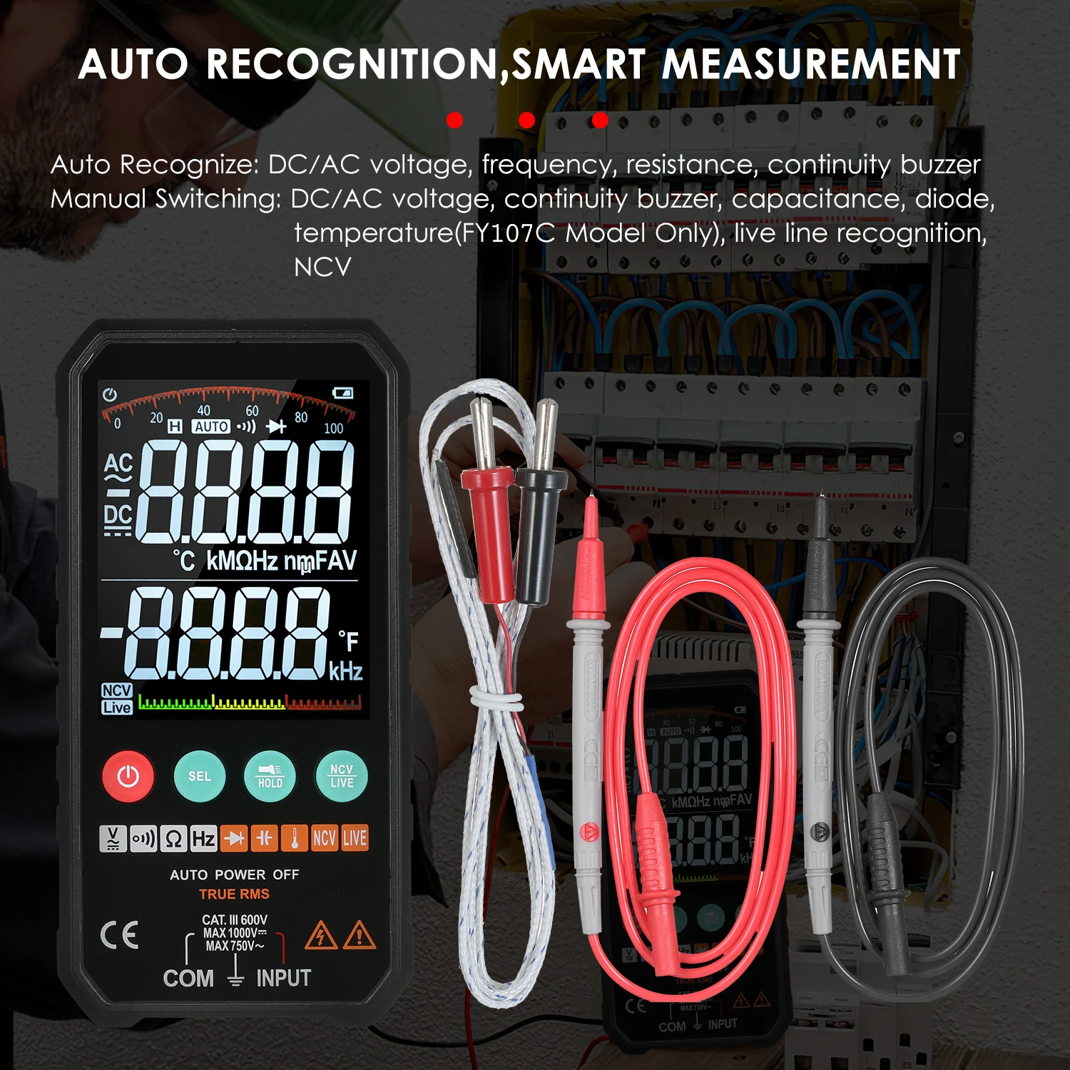 6000 Counts Digital Multimeter LCD True RMS AC/DC Voltage Resistance Capacitance Frequency Continuity Diode NCV Test Temperature