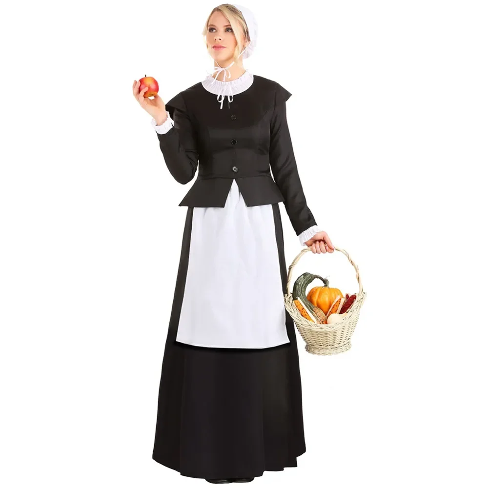 

French Maid Costume Colsplay Pastoral Farm Maid Costume Black&White Halloween Party Long Dress