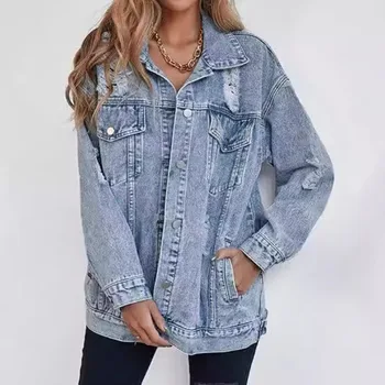 Premium Women's Denim Jacket Euramerican Hole Design Harajuku Style Workwear Trendy Fall Winter Outerwear Casual Loose Fit Coat 2