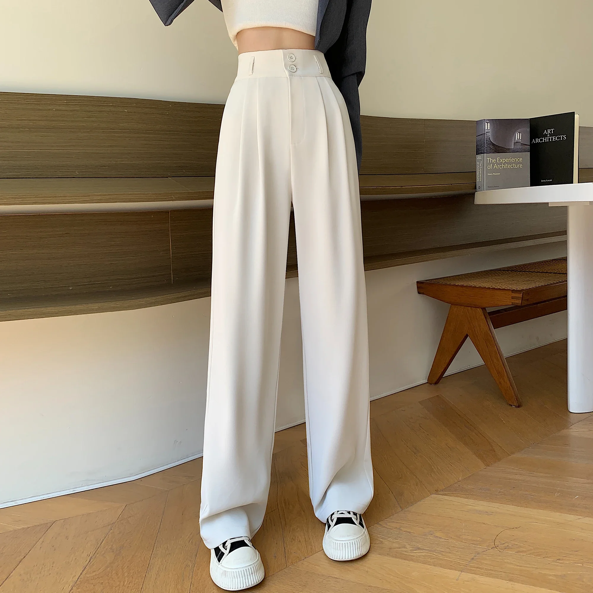 Spring Summer White High Waist Suit Wide Leg Women's Pants Female 2026 New Buttons Elegant Minimalism Straight Loose Trousers