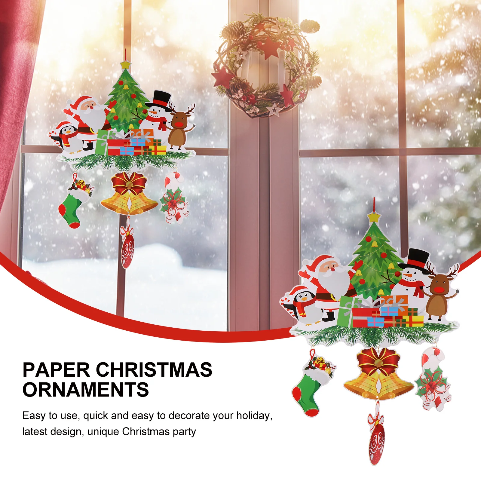 

2Pcs Christmas Santa Claus Snowman Bell Ornaments Pendants Hanging Decorations for Home Window Holiday Paper Christmas Decor