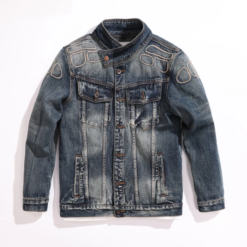 

Men denim jacket fashion light luxury trendy straight tube slim fit loose motorcycle youth street versatile washed casual top