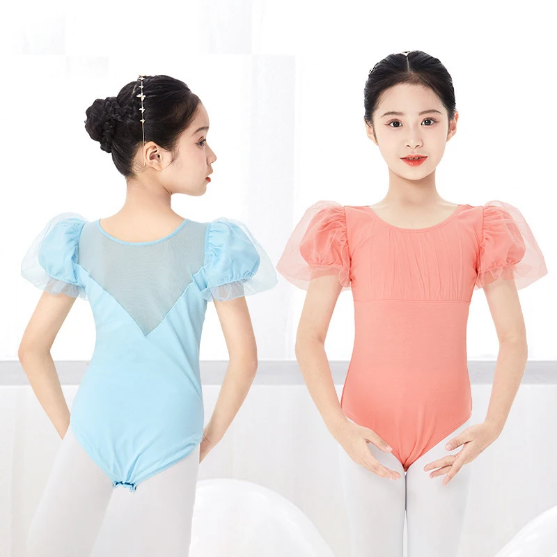 Dziewczęcy strój baletowy z bufiastymi rękawami, dziecięcy strój do tańca, marszczony, z siateczkowymi wstawkami, uroczy kostium taneczny dla dzieci do baletu i gimnastyki.
