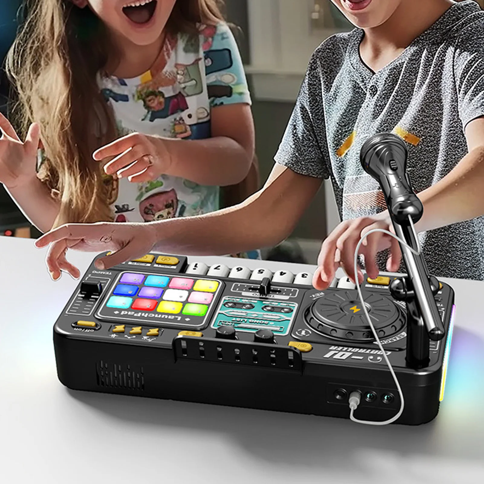

DJ Controller for Kids DJ Disc Player Electronic Keyboard BT DJ Mixer Table with Adjustable Microphone Dynamic Lighting Effects