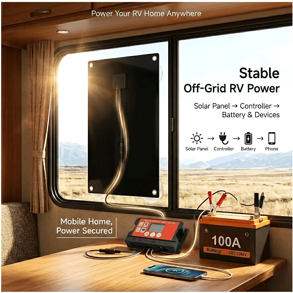 18V Solar Power Kit for Yacht, Fishing Boat & RV Camping – Off-Grid Charging System with 100A MPPT Charge Controller, 3m Extension Cable, and Universal Battery Clips – Reliable Portable Energy Solution for Outdoor Adventures (Battery Not Included)