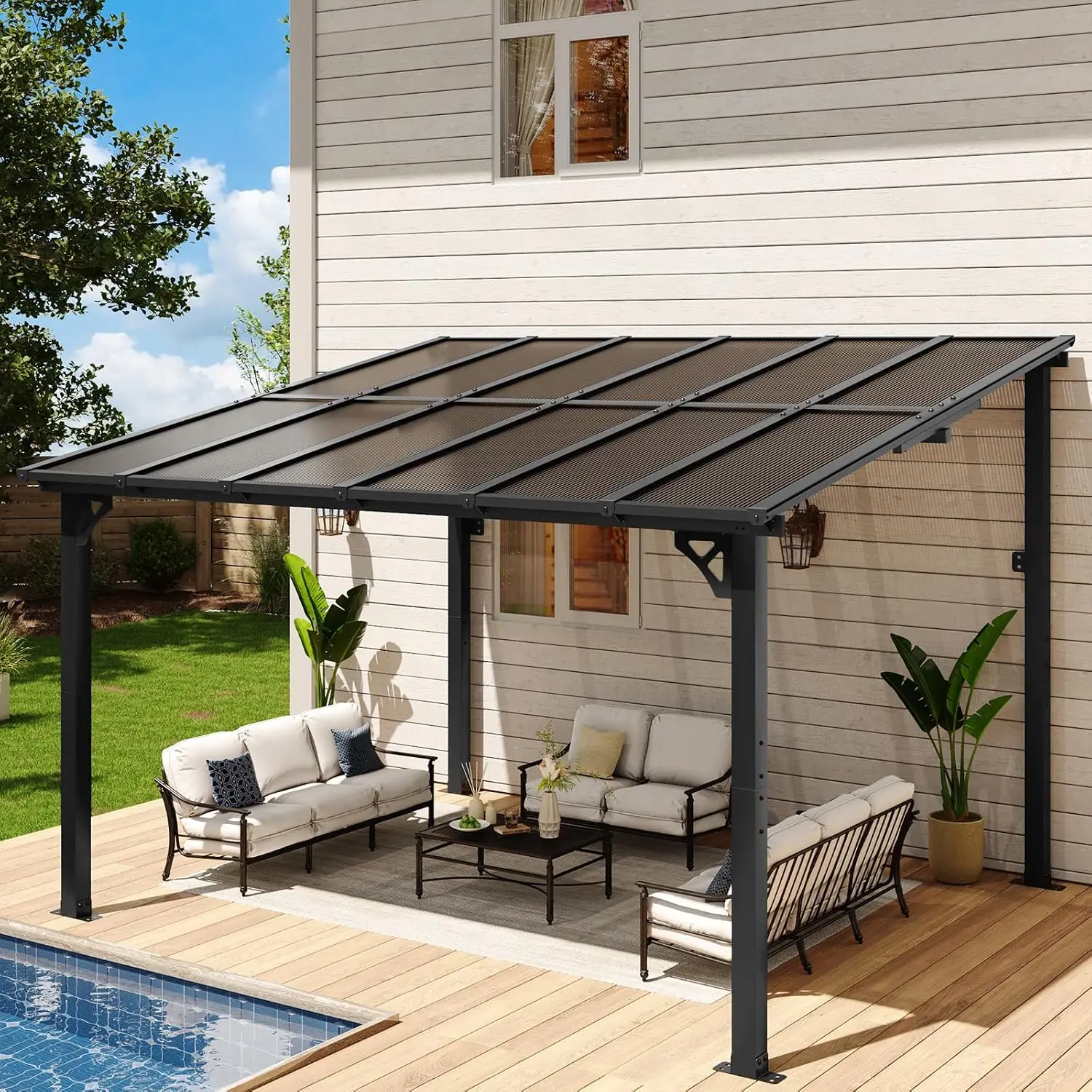 12'x10' Patio Gazebo with Sloped Roof, Heavy Duty Aluminum Frame Wall Mounted Lean to Pergola for Deck Backyard, Customized